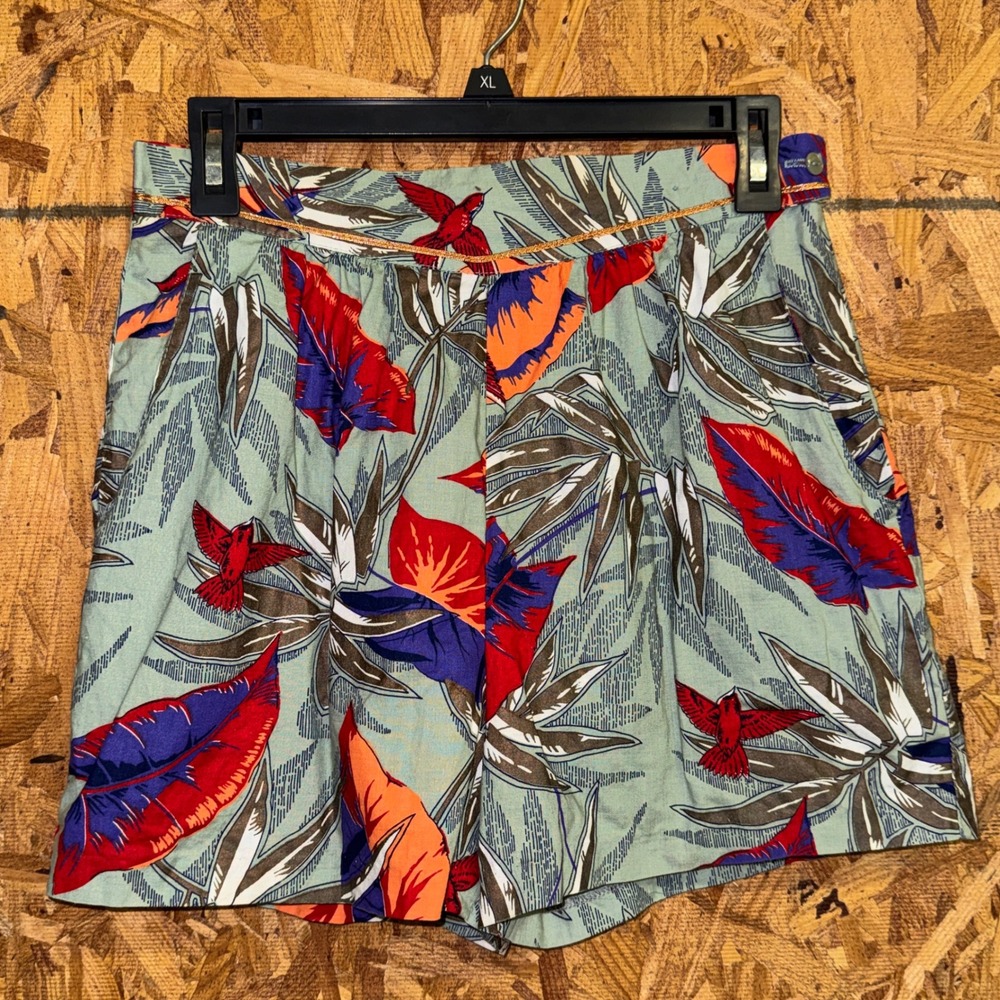 VTG Retro Hawaiian Floral Print Wrap Shorts Green Summer Resort Coastal Beachy S